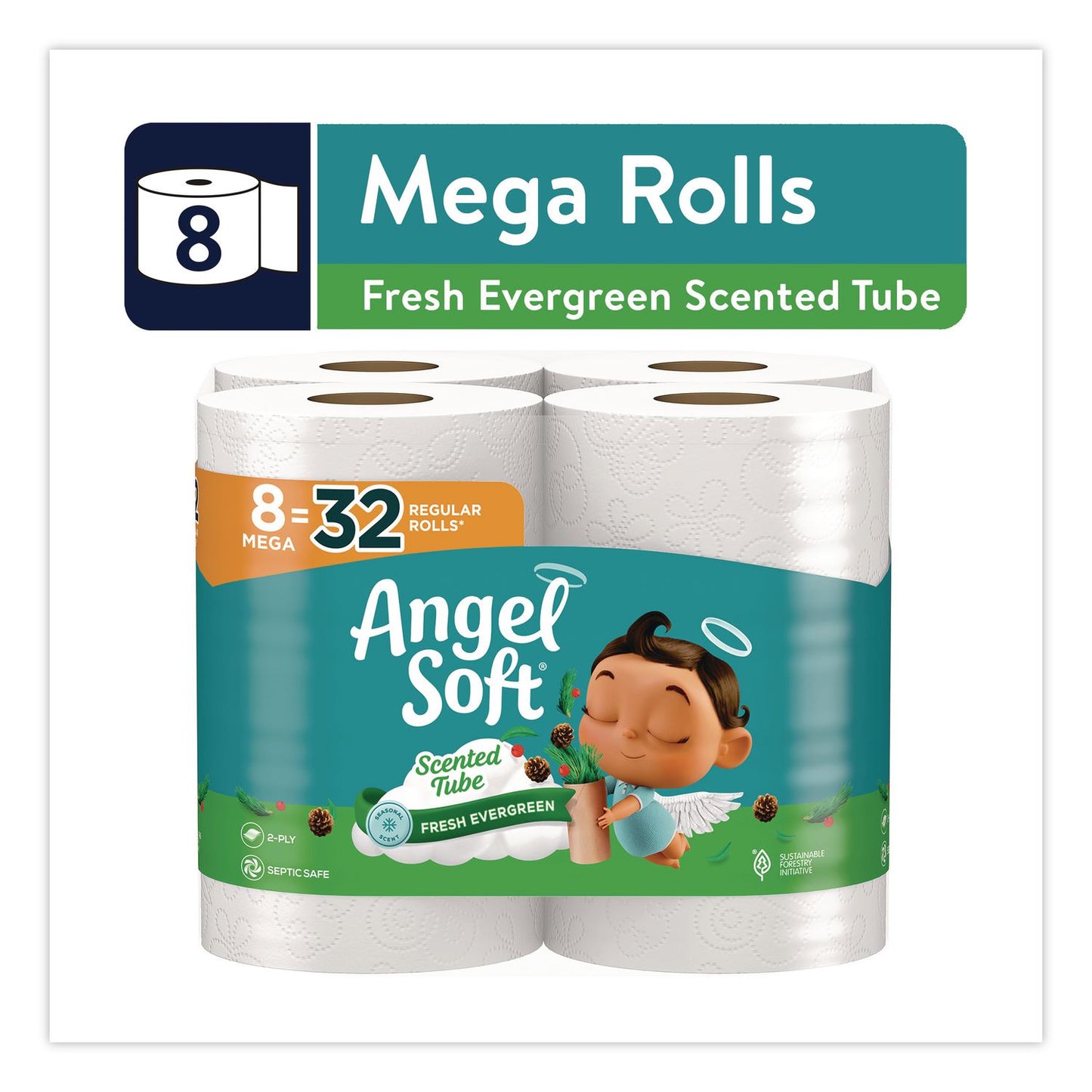Angel Soft® Mega Toilet Paper, Limited Edition Fresh Evergreen Scent Tube, Septic Safe, 2-Ply, White, 320 Sheets/Roll, 8 Rolls/Pack (GPC79461)