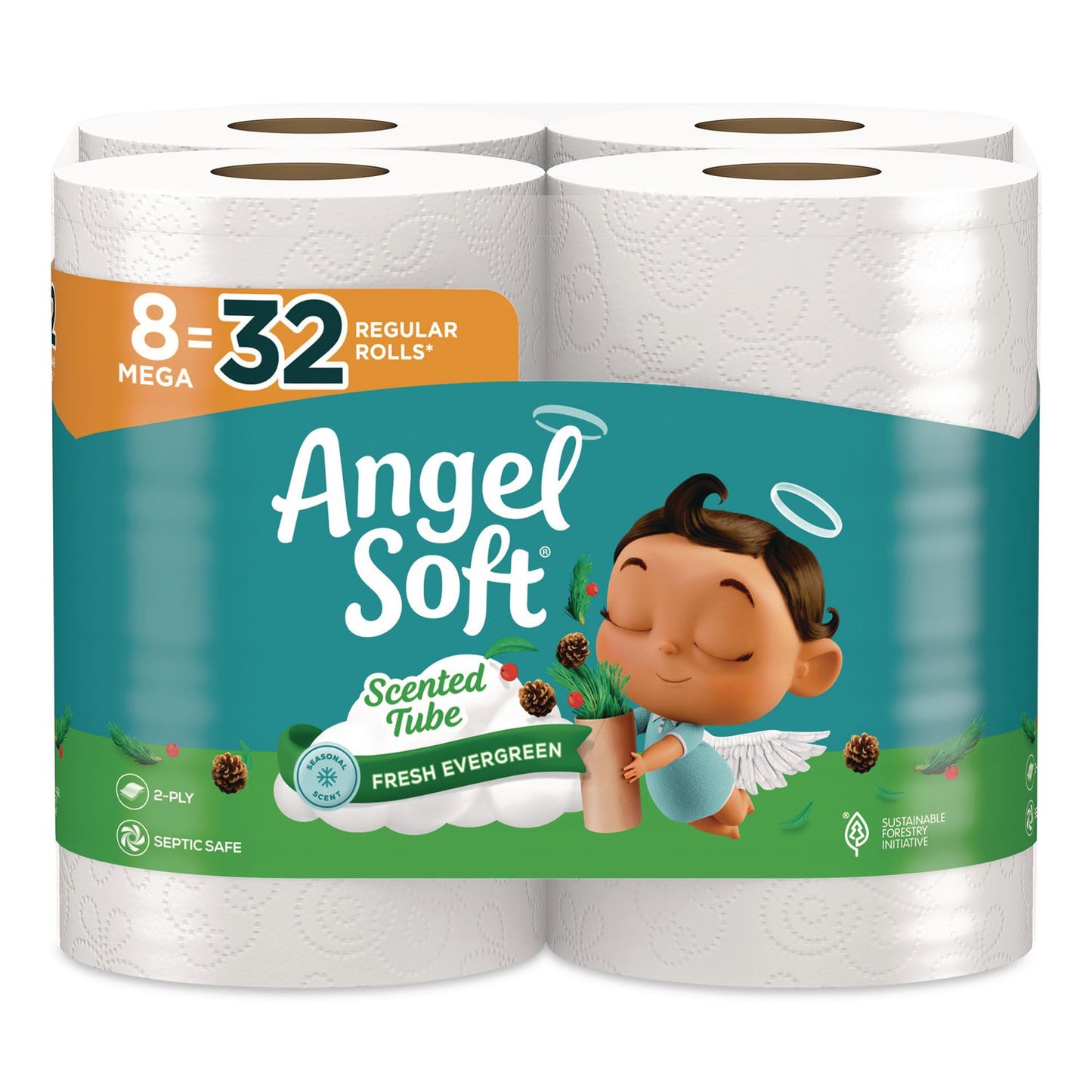 Angel Soft® Mega Toilet Paper, Limited Edition Fresh Evergreen Scent Tube, Septic Safe, 2-Ply, White, 320 Sheets/Roll, 8 Rolls/Pack (GPC79461)