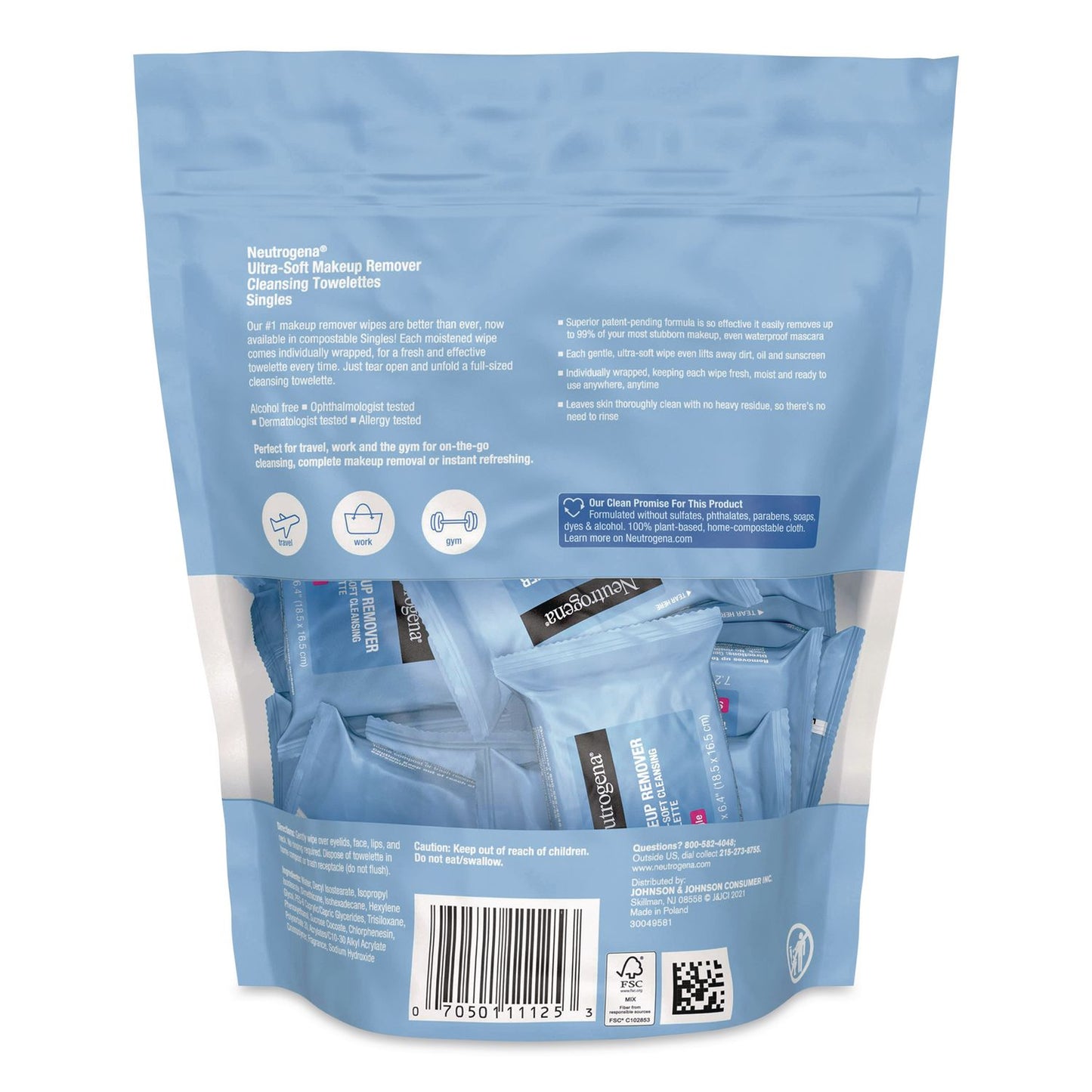 Neutrogena® Makeup Remover Ultra-Soft Cleansing Towelettes, 7.2 x 6.4, Unscented, White, 20/Pack (JOJ10253)