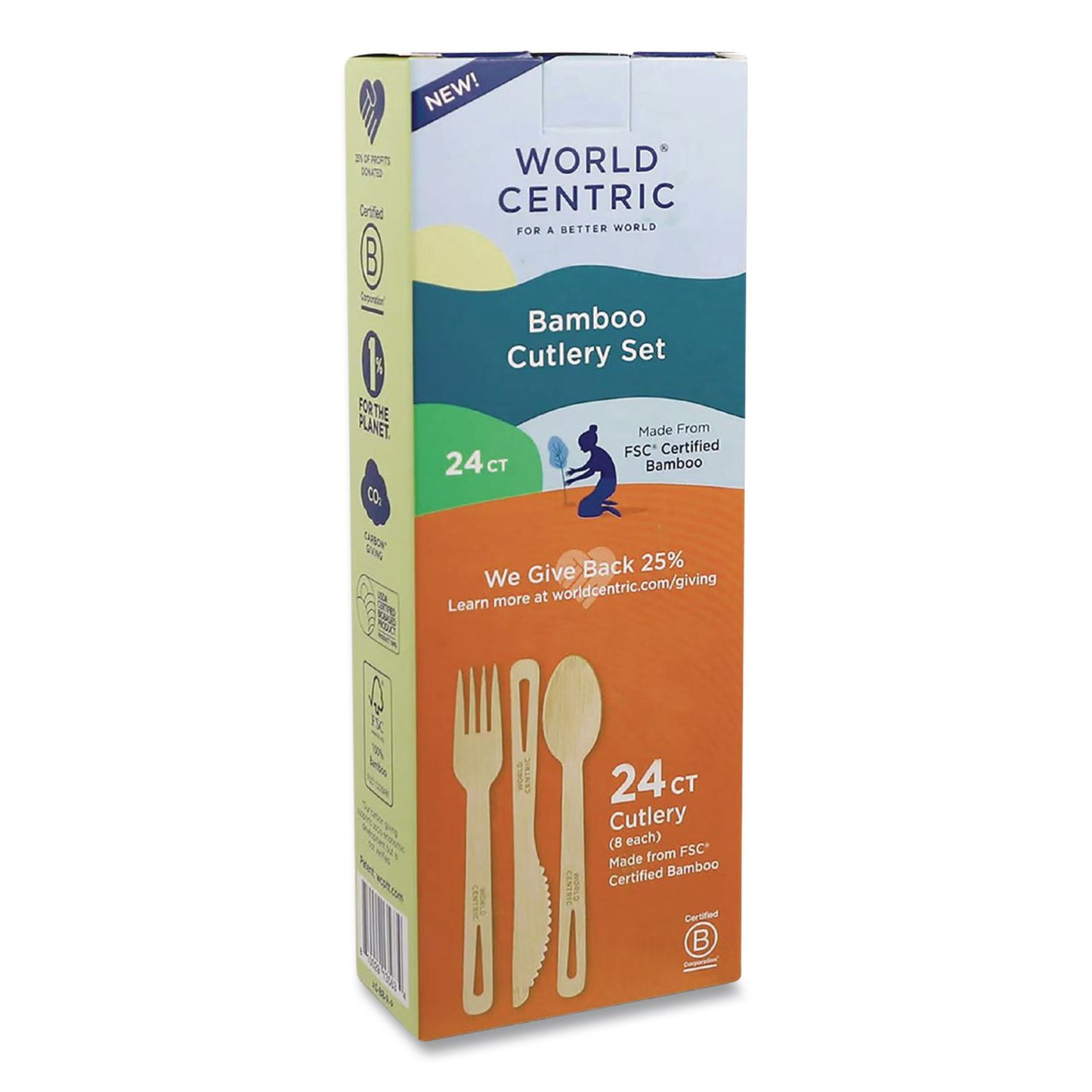 World Centric® Bamboo Cutlery, Fork/Knife/Spoon, Paper, Natural, 24/Pack (WORASBBR)