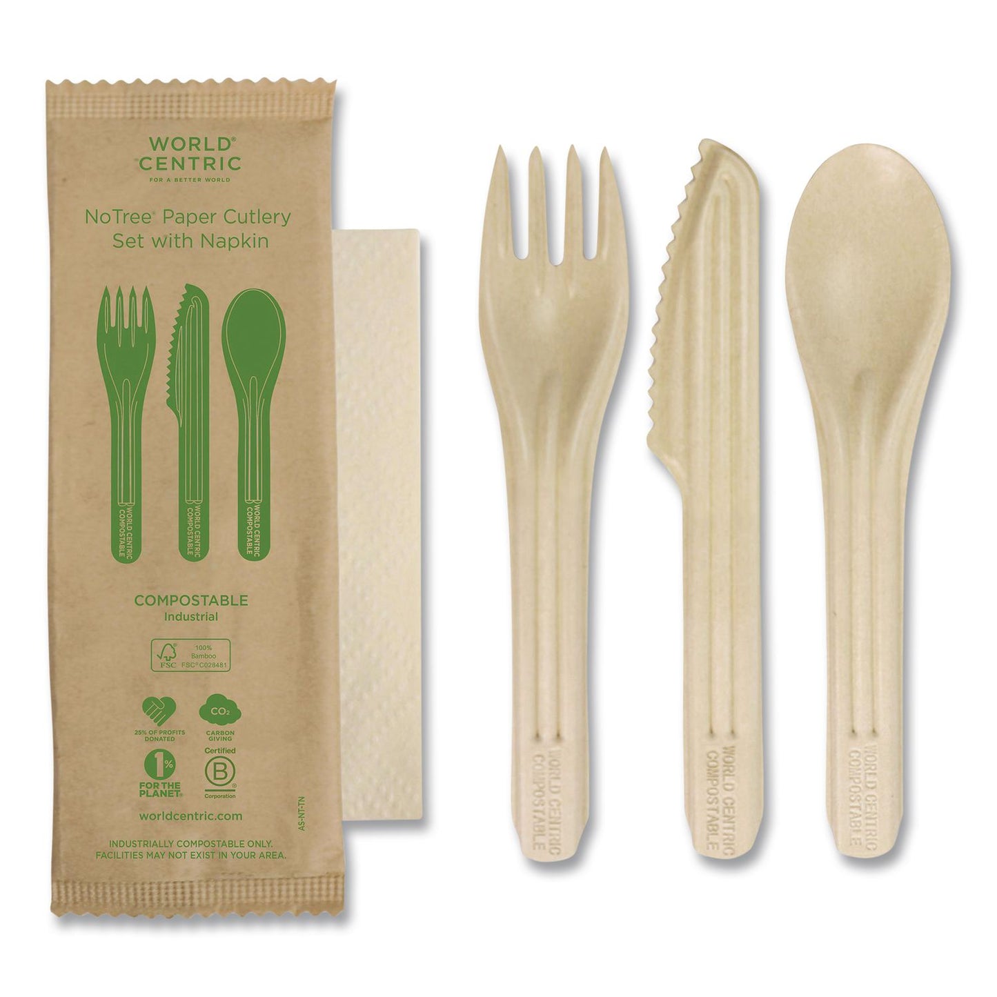 World Centric® NoTree Cutlery, Light Mediumweight, Fork/Knife/Spoon/Napkin, Paper, Natural, 250/Carton (WORASNTTN)