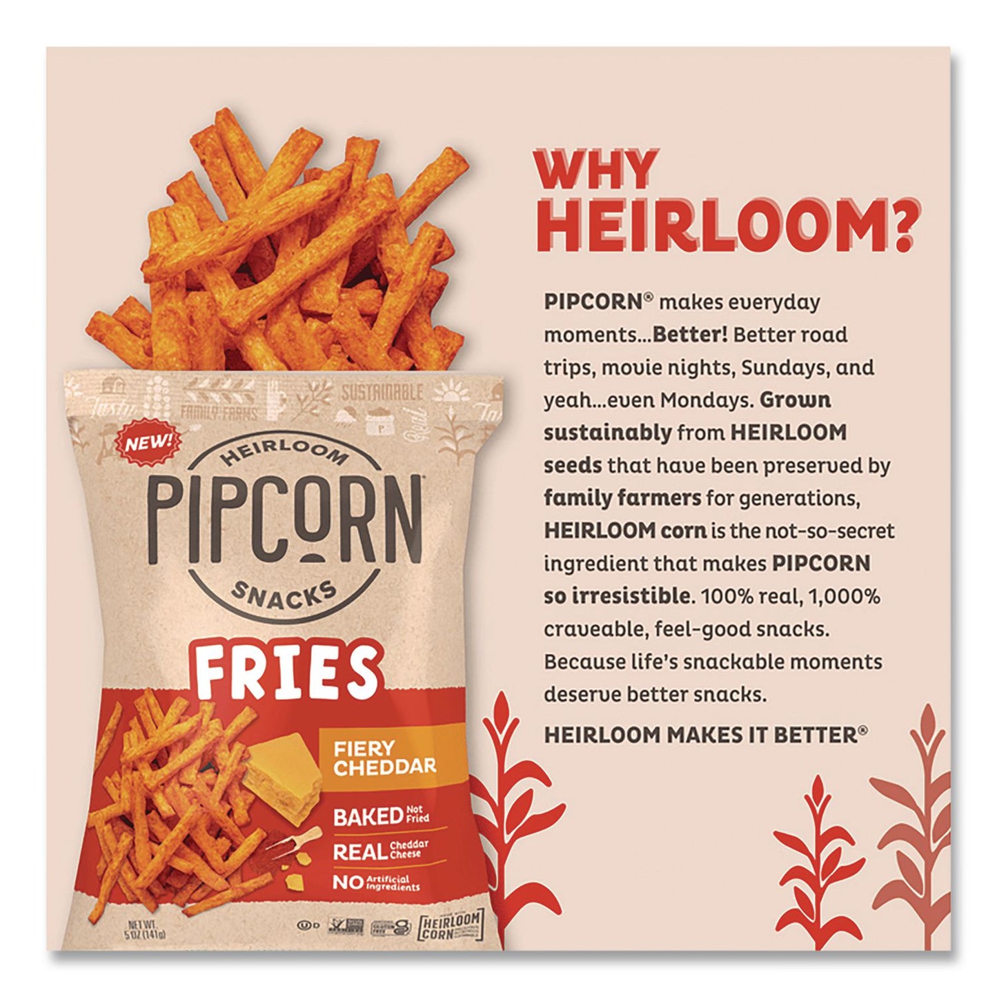 Pip's Heirloom Snacks™ Pipcorn Fries, Fiery Cheddar, 1 oz Bag, 24/Carton (PHRPSK88504)