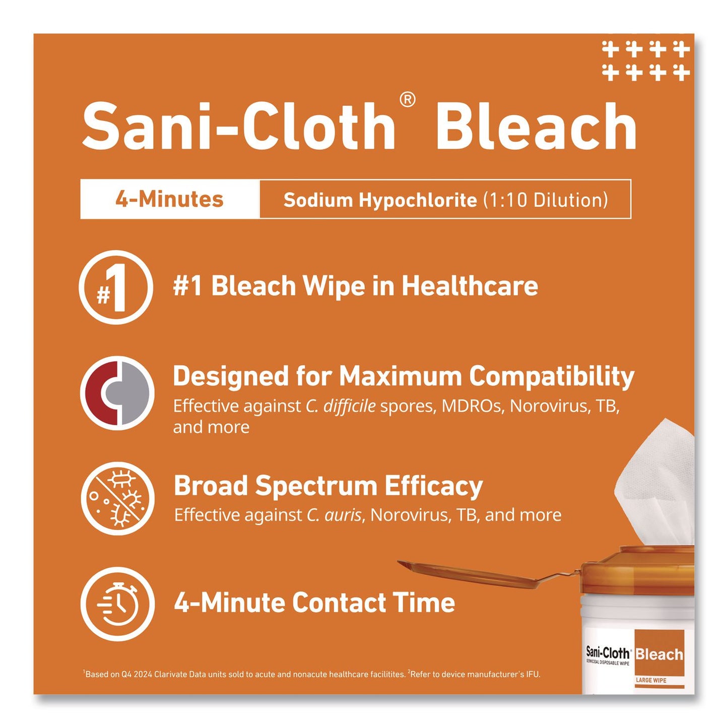PDI® Sani-Cloth with Bleach Disinfecting Wipes, 7.5 x 15, Unscented, White, 65 Wipes/Canister, 6 Canisters/Carton (PDIP25784CT)