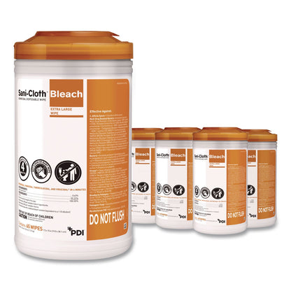 PDI® Sani-Cloth with Bleach Disinfecting Wipes, 7.5 x 15, Unscented, White, 65 Wipes/Canister, 6 Canisters/Carton (PDIP25784CT)