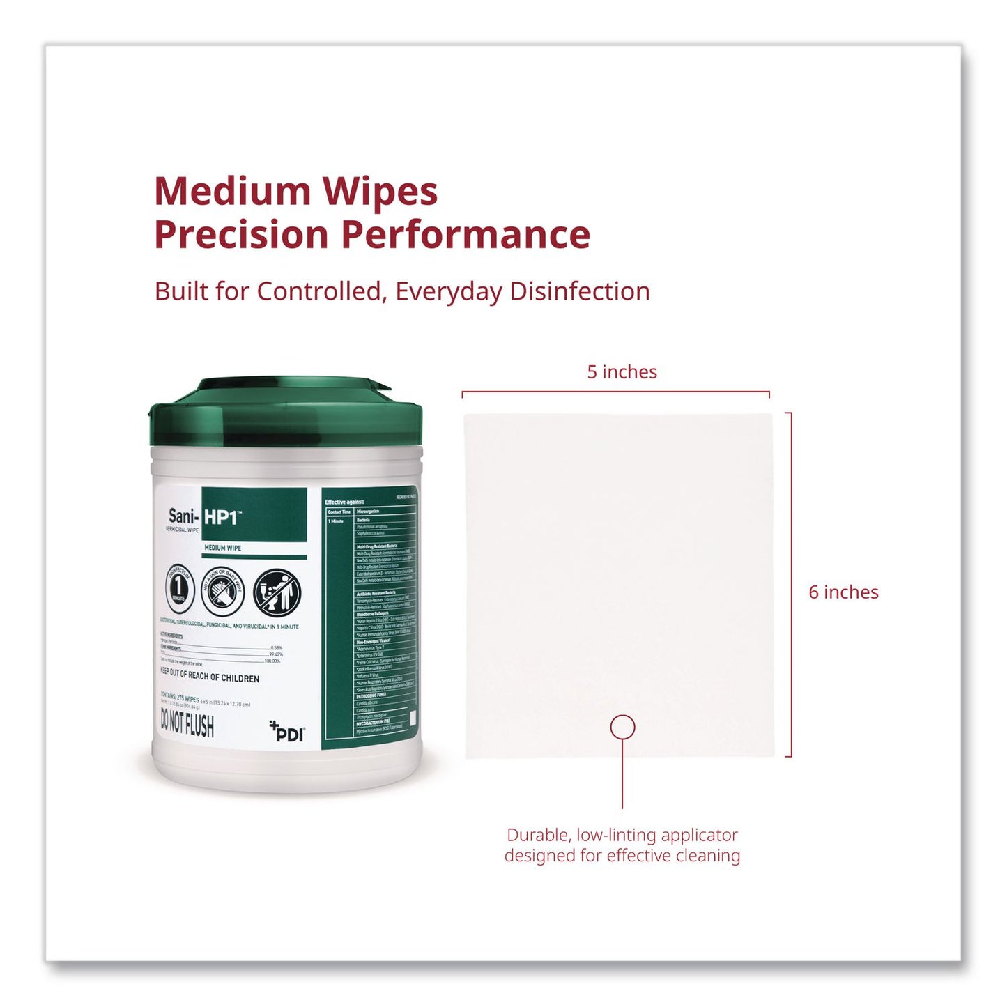 PDI® Sani-HP1 Germicidal Wipes, 5 x 6, Unscented, White, 275 Wipes/Canister (PDIP62572)