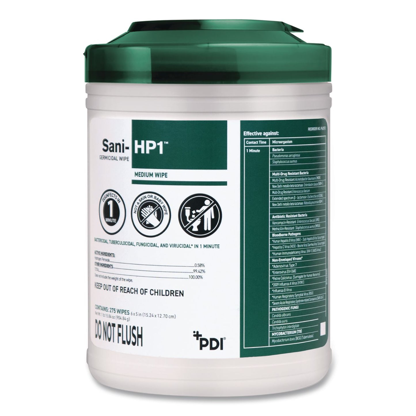 PDI® Sani-HP1 Germicidal Wipes, 5 x 6, Unscented, White, 275 Wipes/Canister (PDIP62572)