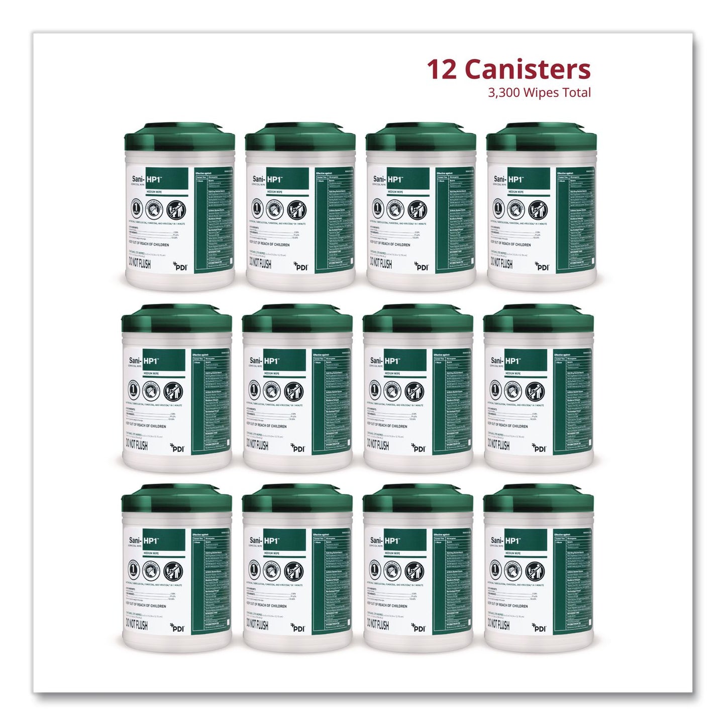 PDI® Sani-HP1 Germicidal Wipes, 5 x 6, Unscented, White, 275 Wipes/Canister, 12 Canisters/Carton (PDIP62572PK)