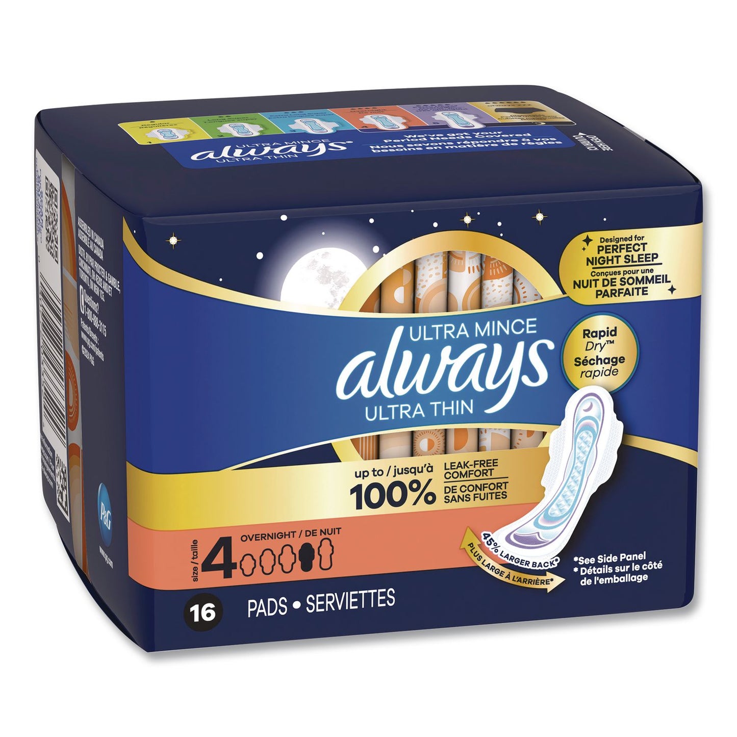 Always® Ultra Thin Overnight Pads with Wings, Size 4, Overnight Absorbency, 16/Pack, 6 Packs/Carton (PGC12851)