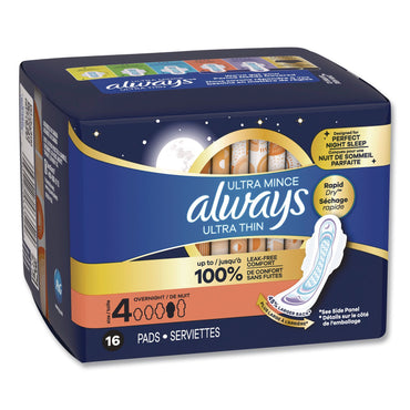Always® Ultra Thin Overnight Pads with Wings, Size 4, Overnight Absorbency, 16/Pack, 6 Packs/Carton (PGC12851)