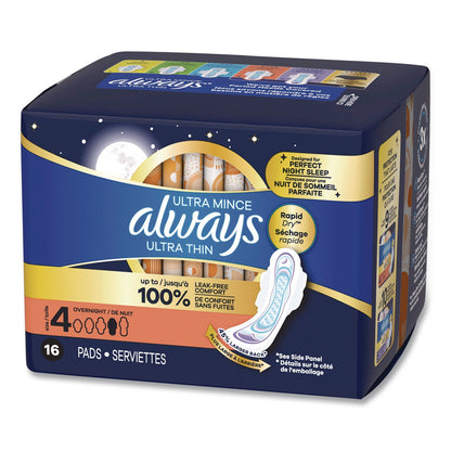 Always® Ultra Thin Overnight Pads with Wings, Size 4, Overnight Absorbency, 16/Pack, 6 Packs/Carton (PGC12851)