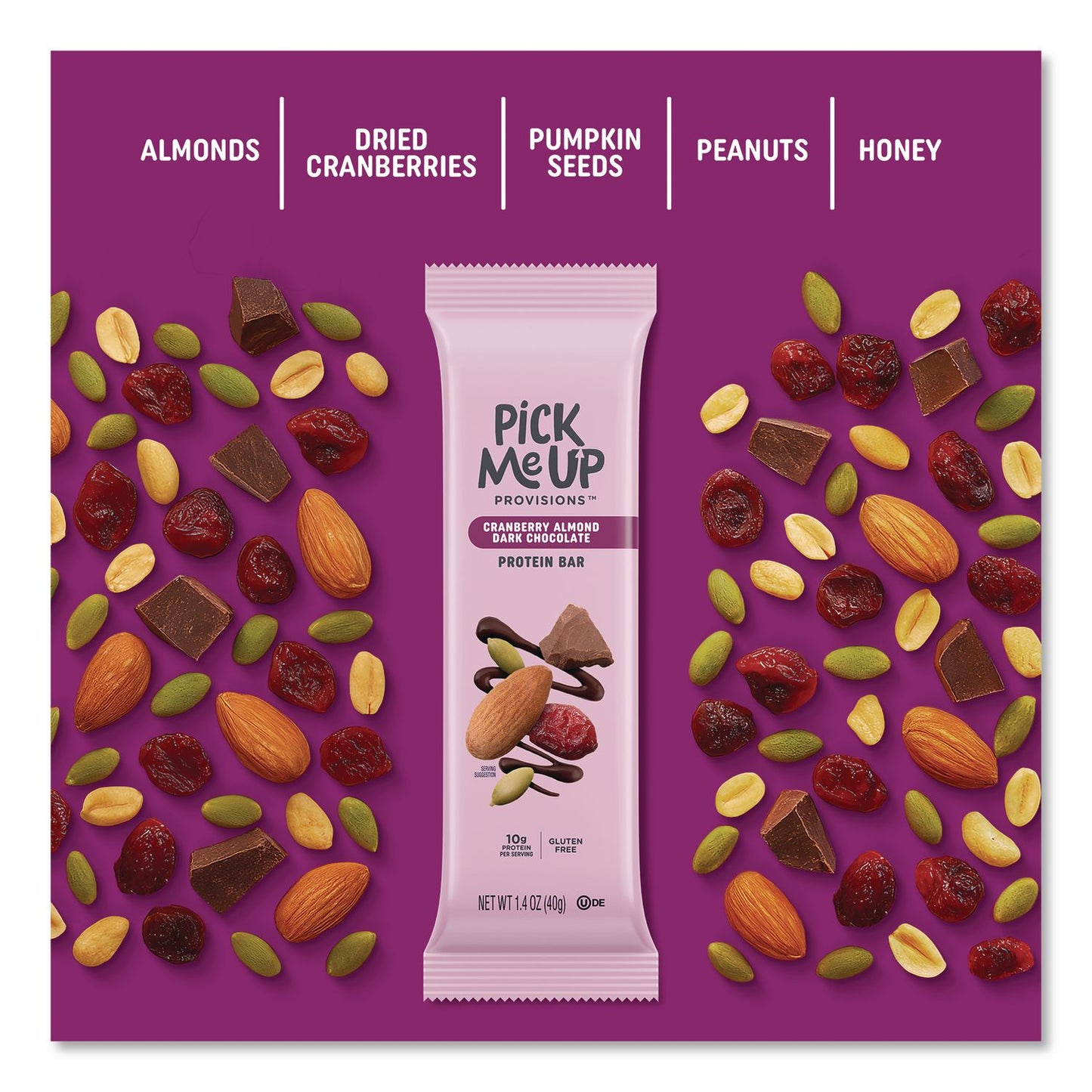 Pick Me Up Provisions™ Gluten-Free Cranberry Almond Dark Chocolate Protein Bar Protein Bars, 1.4 oz Bar, 16/Box (PIEPM63401)