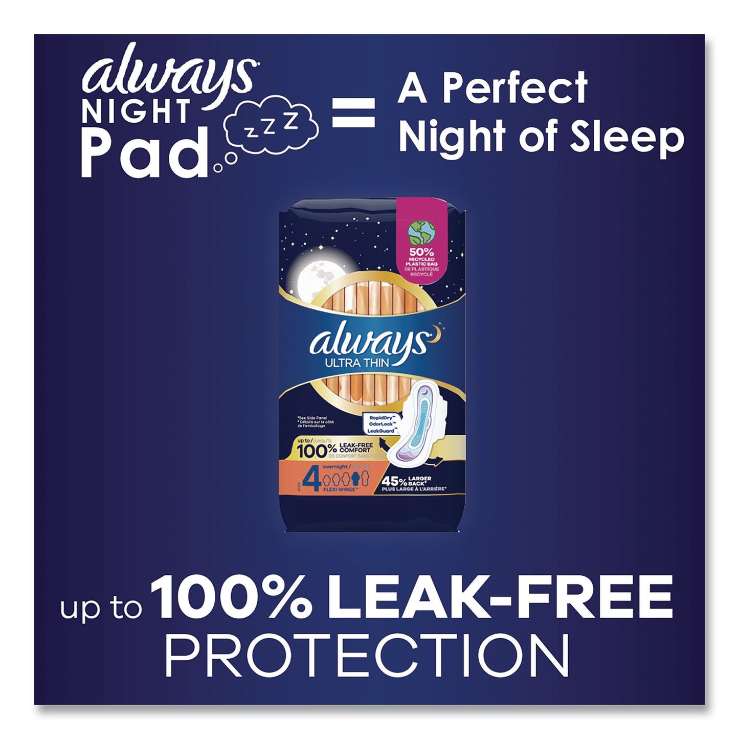 Always® Ultra Thin Overnight Pads with Wings, Size 4, Overnight Absorbency, 16/Pack, 6 Packs/Carton (PGC12851)