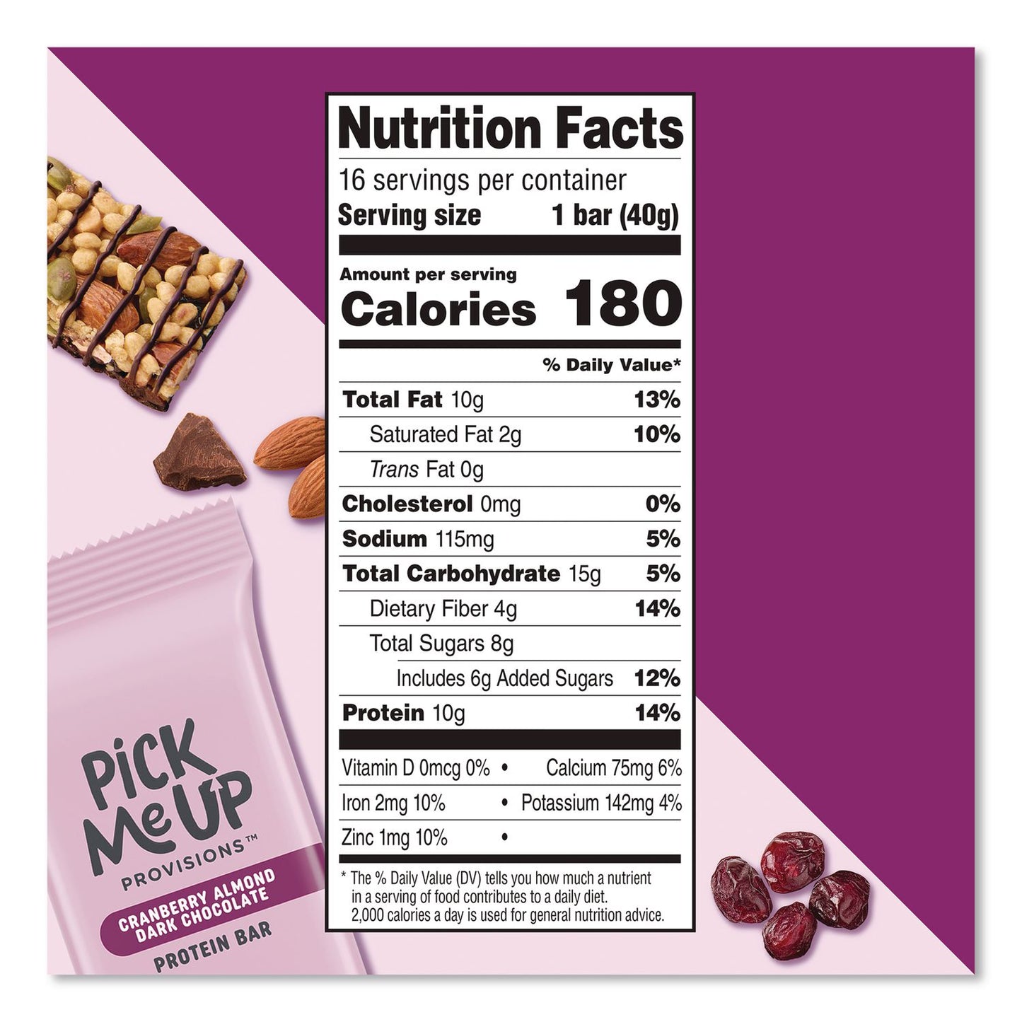 Pick Me Up Provisions™ Gluten-Free Cranberry Almond Dark Chocolate Protein Bar Protein Bars, 1.4 oz Bar, 16/Box (PIEPM63401)
