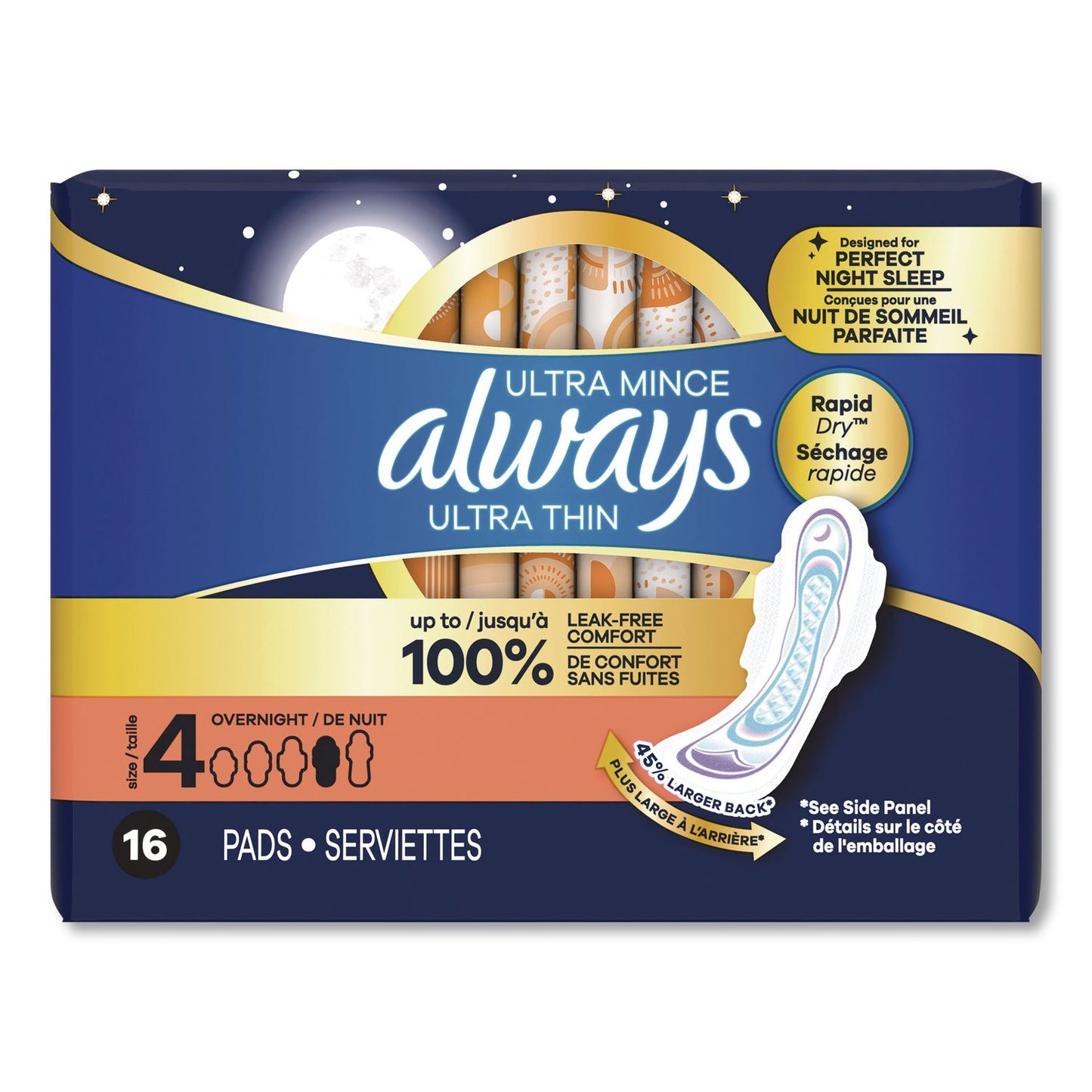 Always® Ultra Thin Overnight Pads with Wings, Size 4, Overnight Absorbency, 16/Pack, 6 Packs/Carton (PGC12851)