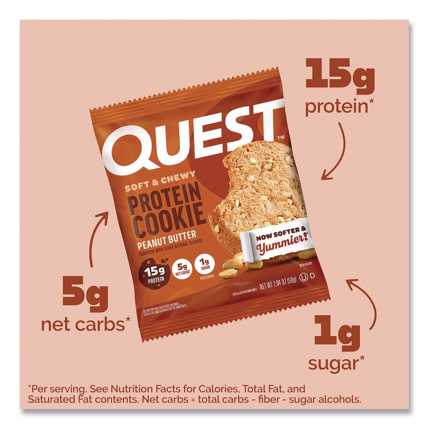 Quest® Gluten Free Protein Cookies, Peanut Butter, 2.04 oz Pack, 12/Box (QCCQUN00605)