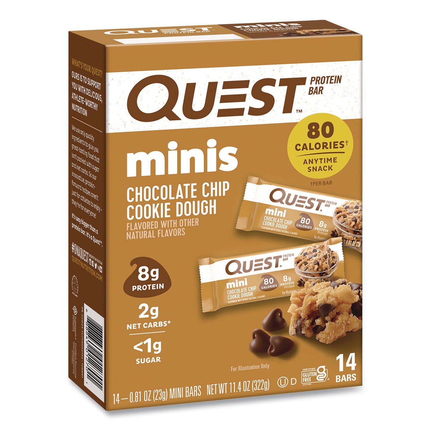 Quest® Protein Bar Minis, Chocolate Chip Cookie Dough, 0.81 oz Bar, 14/Box (QCCQUN01270)