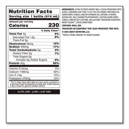 Quest® Protein Milkshakes, Chocolate, 14 oz Bottle, 12/Carton (QCCQUN01598)