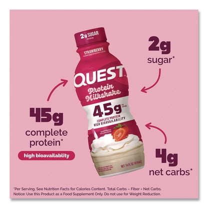 Quest® Protein Milkshakes, Strawberry, 14 oz Bottle, 12/Carton (QCCQUN01606)