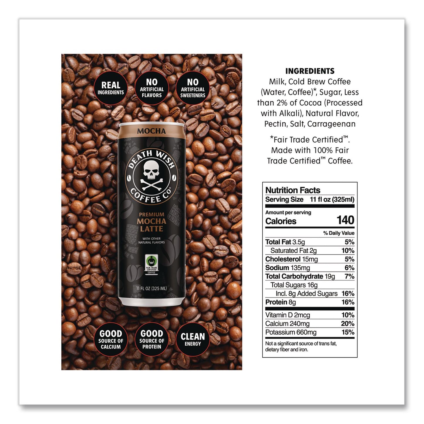 Death Wish Coffee Co. Mocha Latte Cold Brew Coffee, 11 oz Can, 12/Carton (DEWEWC34447)
