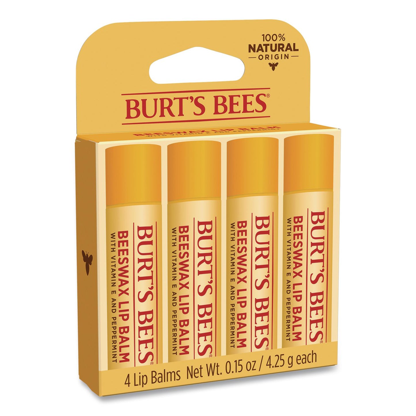 BURT'S BEES Beeswax Lip Balm, Original, 0.15 oz Stick, 4/Pack (BBT01198)