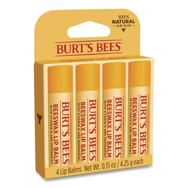 BURT'S BEES Beeswax Lip Balm, Original, 0.15 oz Stick, 4/Pack (BBT01198)
