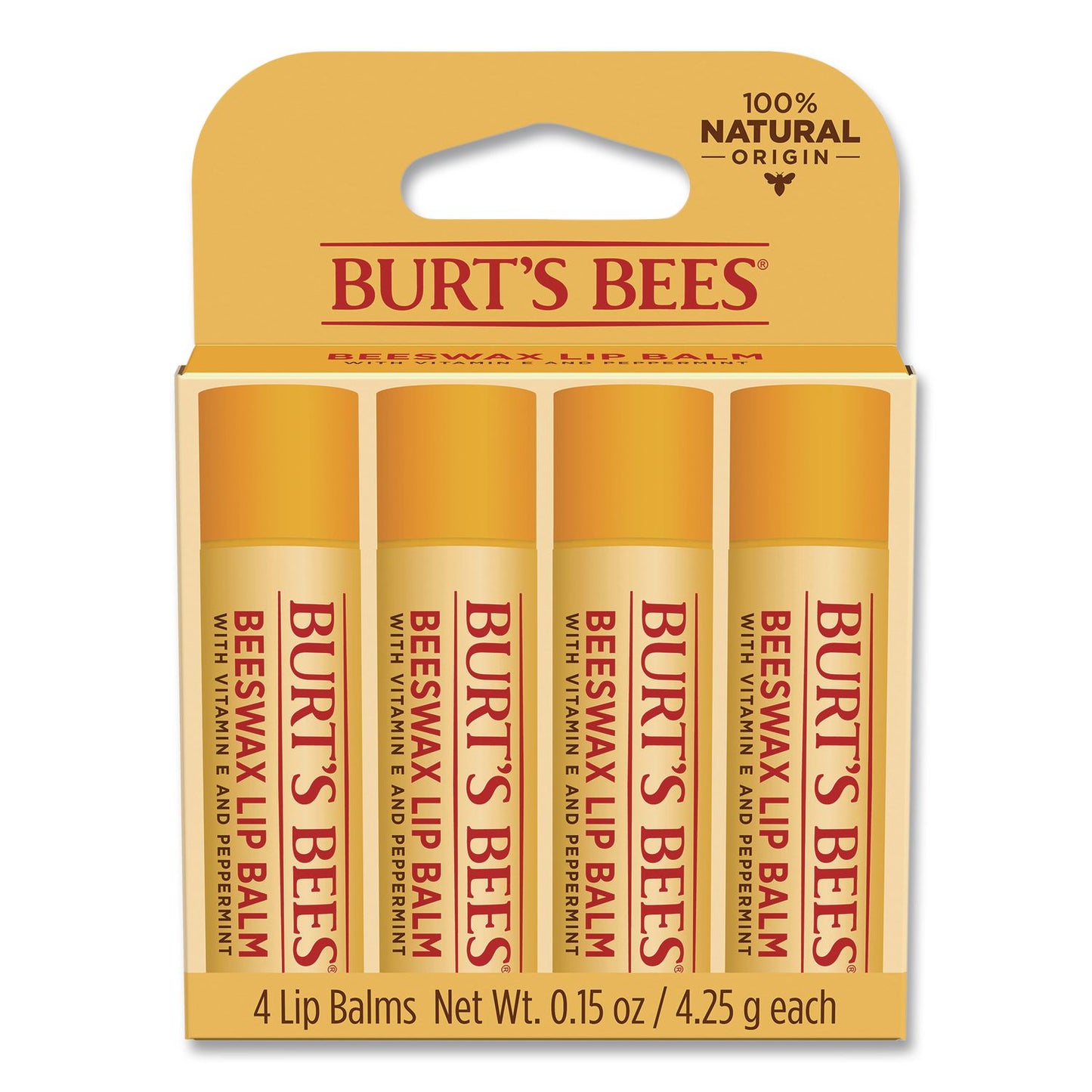 BURT'S BEES Beeswax Lip Balm, Original, 0.15 oz Stick, 4/Pack (BBT01198)