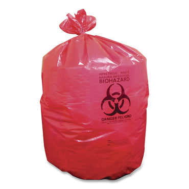 Heritage Healthcare Biohazard Printed Can Liners, Biohazard Infectious Waste, 16 gal, 1.3 mil, 24" x 32", Red, Flat Pack, 500/Carton (HERA4832PR)