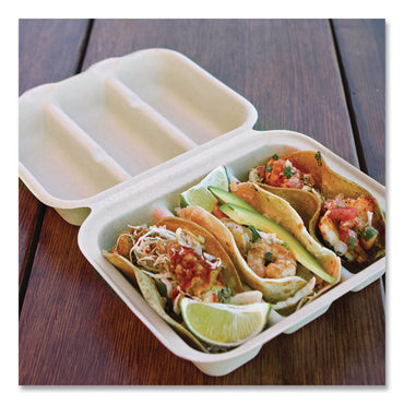 World Centric® Fiber Hinged Takeout Containers, Taco Box, 7.9 x 9.2 x 3.2, Natural, Sugarcane Fiber, 300/Carton (WORTOSCT39LFS)