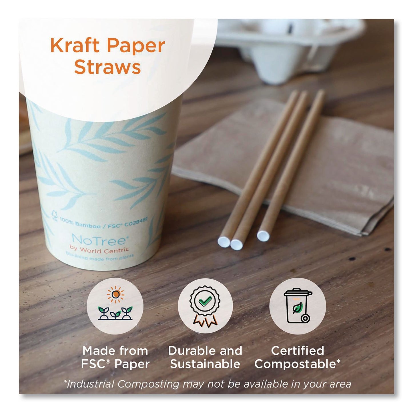 World Centric® Kraft Paper Straws, 8", Brown, 50/Pack (WORSTRTPA8K)