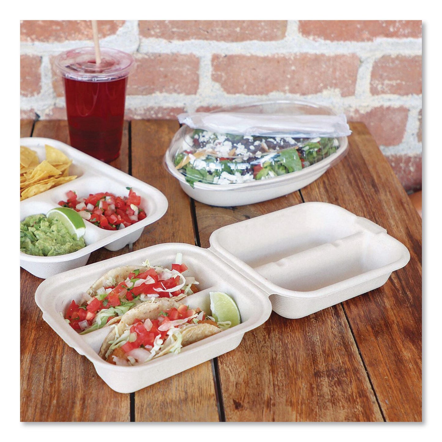 World Centric® Fiber Hinged Takeout Containers, Taco Box, 2 Compartments, 5.86 x 7.25 x 3.38, Natural, Sugarcane Fiber, 300/Carton (WORTOSCT2LFS)
