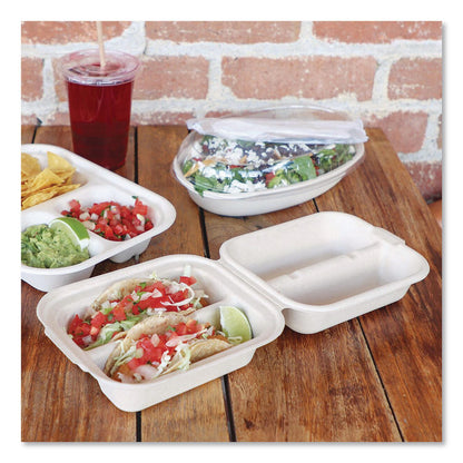 World Centric® Fiber Hinged Takeout Containers, Taco Box, 2 Compartments, 5.86 x 7.25 x 3.38, Natural, Sugarcane Fiber, 300/Carton (WORTOSCT2LFS)