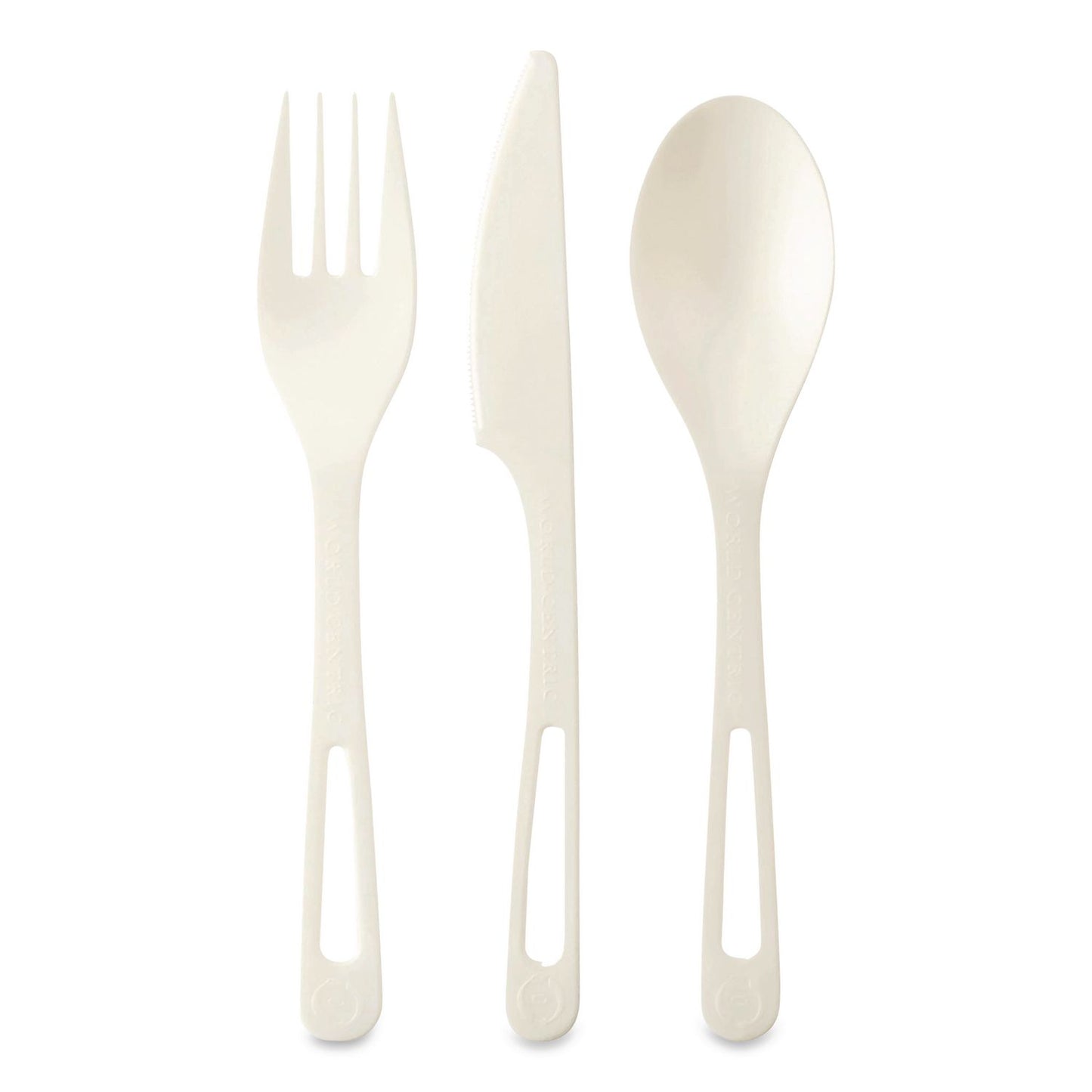 World Centric® TPLA Cutlery, Medium Heavyweight, Fork/Knife/Spoon, Plastic, Light Beige, 24/Pack (WORASPSR)