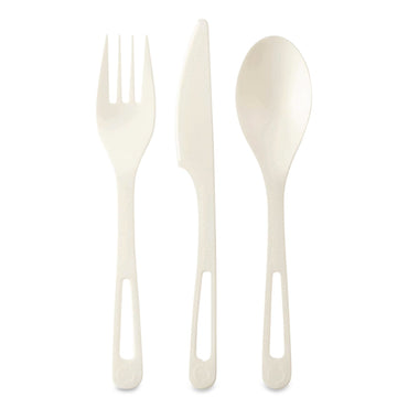 World Centric® TPLA Cutlery, Medium Heavyweight, Fork/Knife/Spoon, Plastic, Light Beige, 24/Pack (WORASPSR)