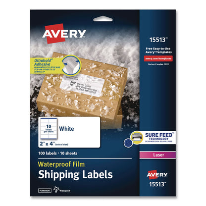 Avery® Waterproof Film Address Labels with Sure Feed Technology, Laser Printers, 2 x 4, White, 10 Labels/Sheet, 10 Sheets/Pack (AVE15513EA)