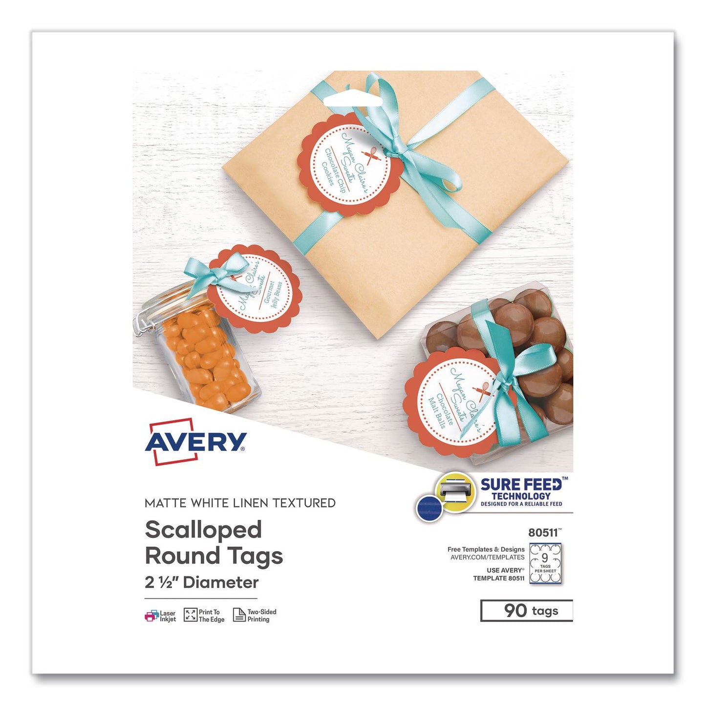 Avery® Printable Scallop Round Gift Tags, Inkjet/Laser Printers, 2.5" dia, White, 9/Sheet, 10 Sheets/Pack (AVE80511)