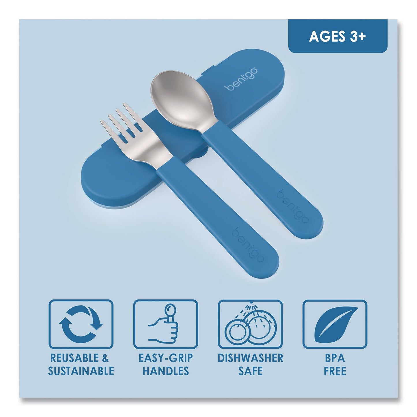 bentgo® Kids Stainless Steel Utensils, 5.7 Fork, 5.8 Spoon, 2 x 6 Case, Stainless Steel/Silicone, Blue (BEOBGKDUTSSB)