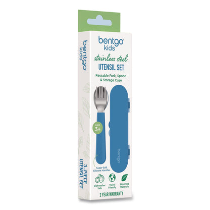 bentgo® Kids Stainless Steel Utensils, 5.7 Fork, 5.8 Spoon, 2 x 6 Case, Stainless Steel/Silicone, Blue (BEOBGKDUTSSB)