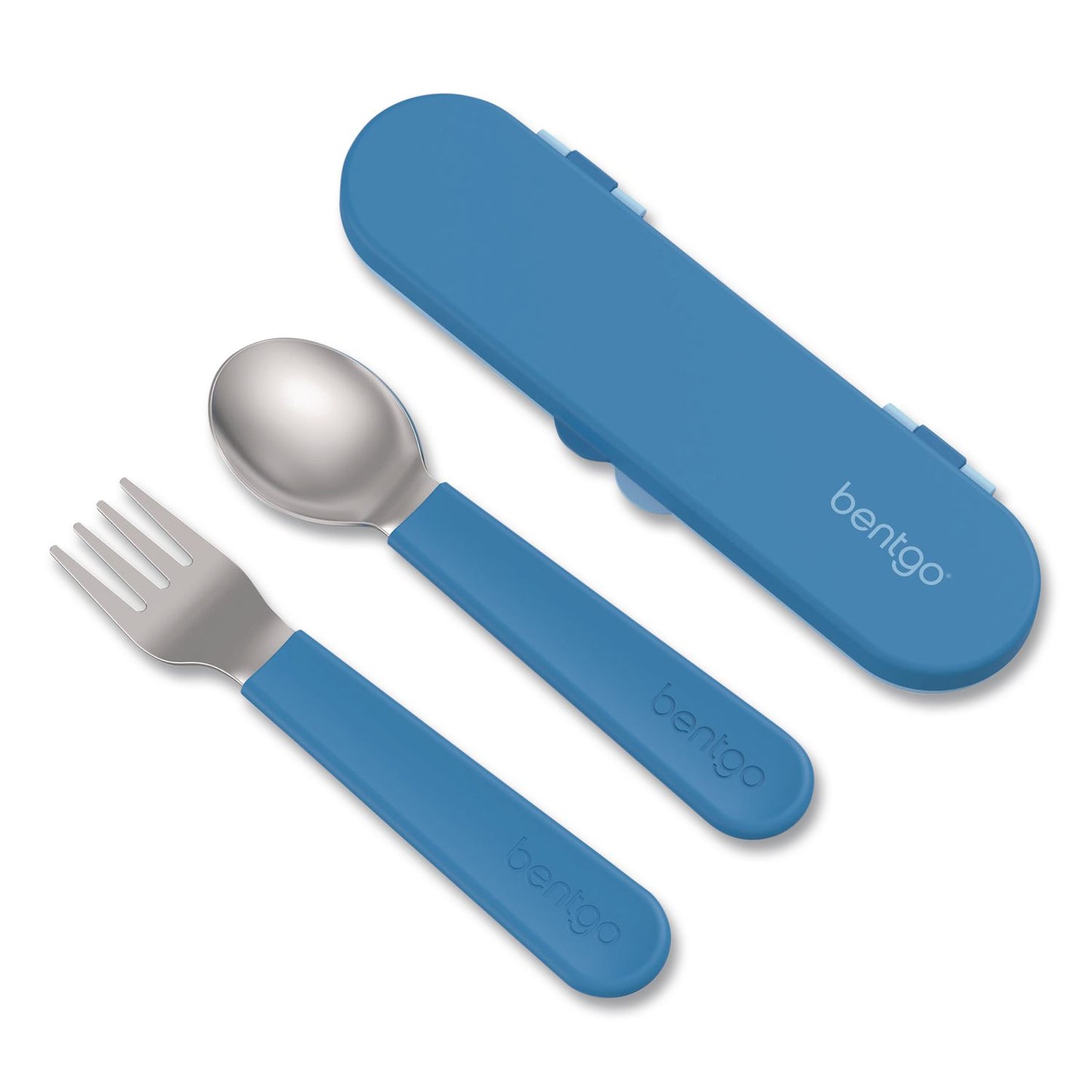bentgo® Kids Stainless Steel Utensils, 5.7 Fork, 5.8 Spoon, 2 x 6 Case, Stainless Steel/Silicone, Blue (BEOBGKDUTSSB)