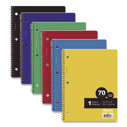 BAZIC® Products Spiral Notebooks, 1-Subject, Medium/College Rule, Randomly Assorted Cover Color, (70) 10.5 x 8 Sheets (BAZ558)