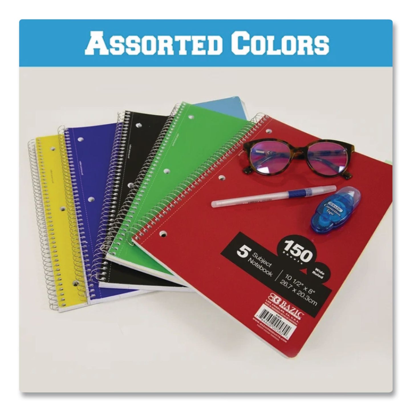 BAZIC® Products Spiral Notebooks, 5-Subject, Wide/Legal Rule, Randomly Assorted Color Cover, (150) 10.5 x 8 Sheets (BAZ580BAZIC)