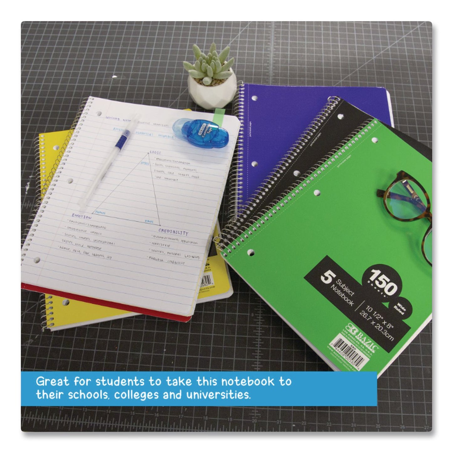 BAZIC® Products Spiral Notebooks, 5-Subject, Wide/Legal Rule, Randomly Assorted Color Cover, (150) 10.5 x 8 Sheets (BAZ580BAZIC)