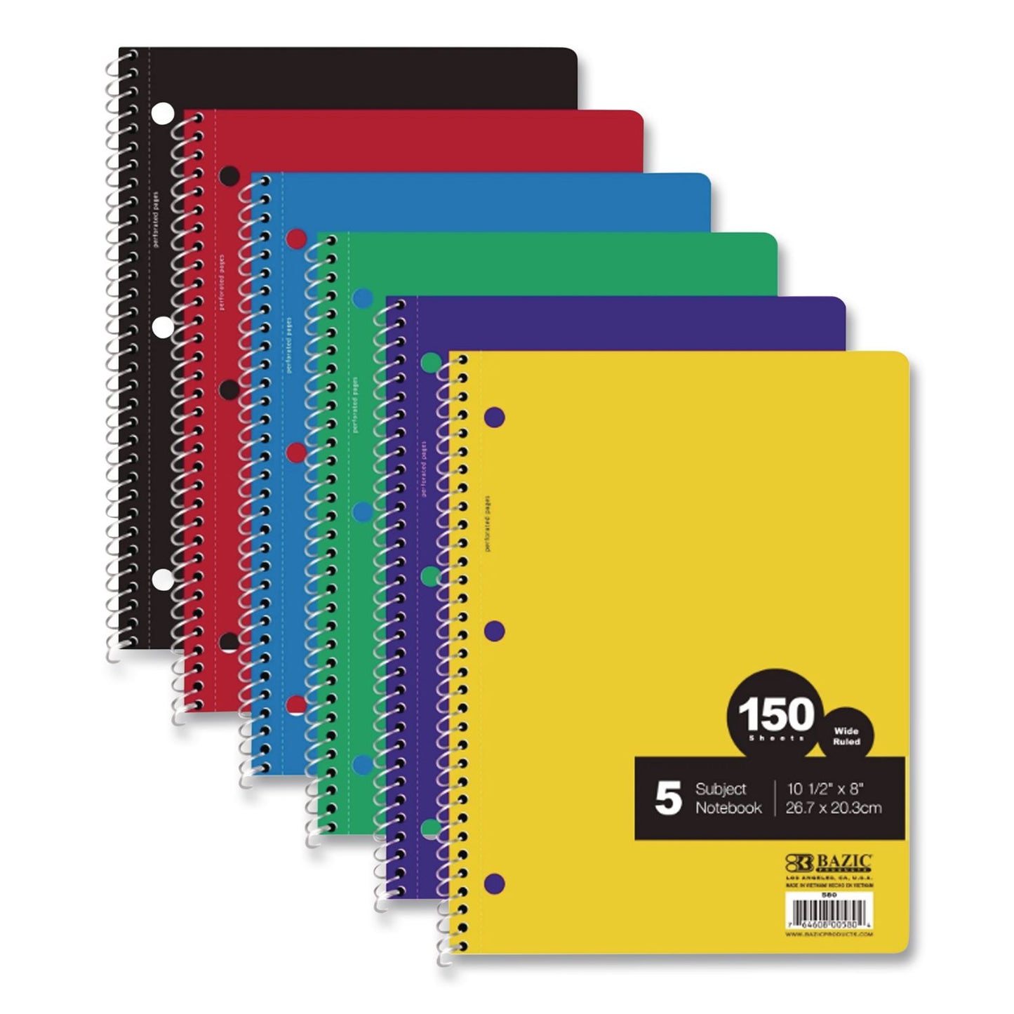 BAZIC® Products Spiral Notebooks, 5-Subject, Wide/Legal Rule, Randomly Assorted Color Cover, (150) 10.5 x 8 Sheets (BAZ580BAZIC)