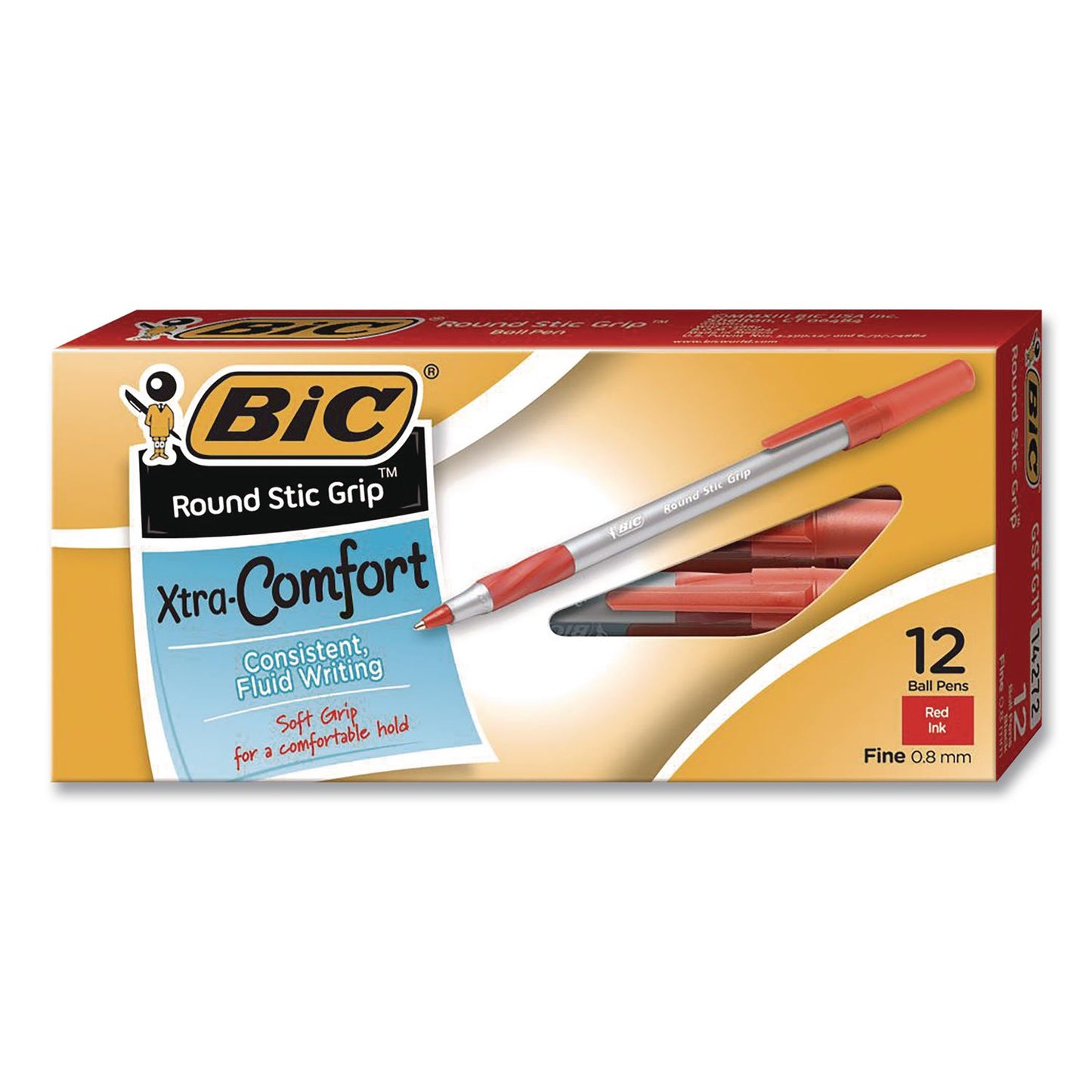 BIC® Round Stic Grip Xtra Comfort Ballpoint Pen, Easy-Glide System, Stick, Medium 1.2 mm, Red Ink, Gray/Red Barrel, 432/Carton (BICGSMG11REDCT)