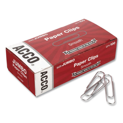 ACCO Paper Clips, Jumbo, Smooth, Silver, 20-Sheet Capacity, 100 Clips/Box (ACC72580BX)