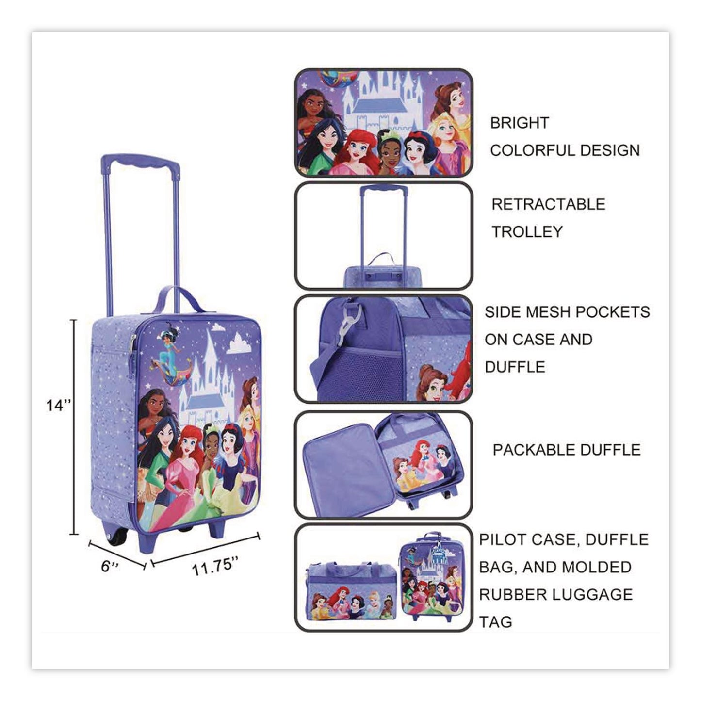 Bioworld® Four-Piece Disney Princess Carry-On Luggage Set, 11.75 x 6 x 14 (BWRDBY6SRWDSYPP)