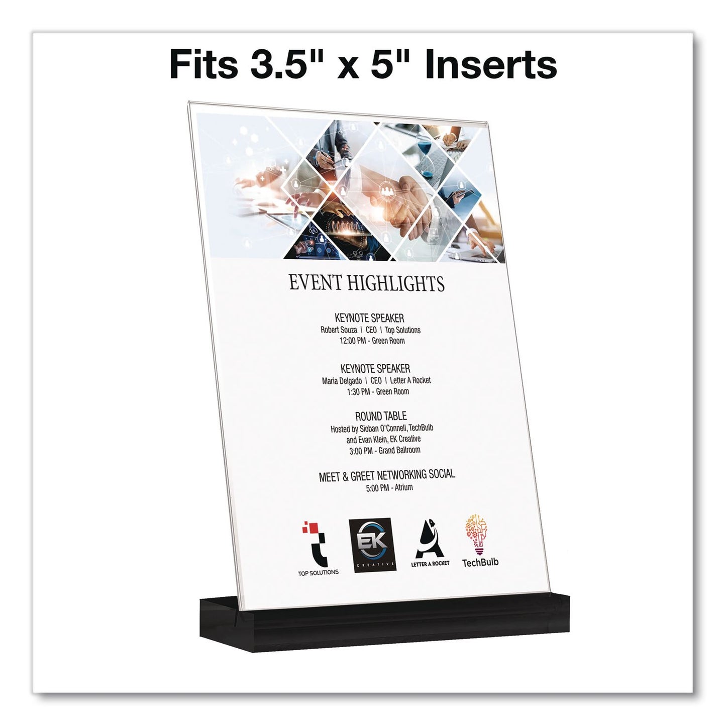 Global Printed Products Acrylic Sign Holder with Black Angled Base, 3.5 x 5 Insert (GPUSGNHAB35X5BK)
