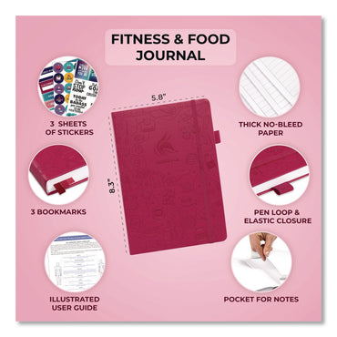 Clever Fox® Fitness and Food Journal, 90-Day Daily/Monthly Format, Engraved Health/Athletics Artwork, Fushia Cover, 8.3 x 5.8 Sheets (LFXCFFNFJFUCH)