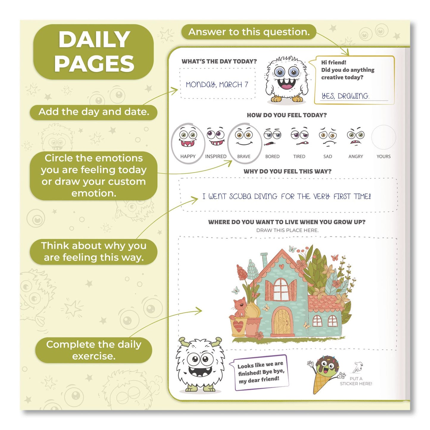 Clever Fox® Kids' Guided Journal, Undated 14-Week Format, Engraved Fun Character/Activity Artwork, Apple Green Cover, 8.3 x 5.8 Sheets (LFXCFKJAPPLGRN)