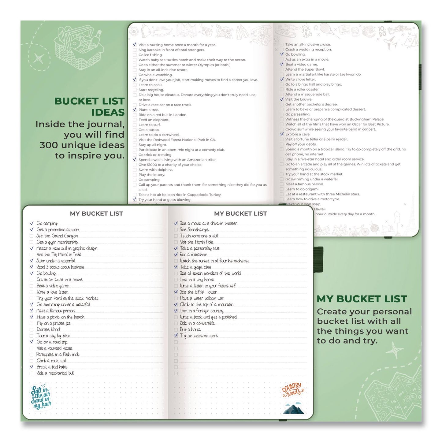 Clever Fox® Bucket List Journal, 100 Entries with Before/After Pages, Engraved Adventure Artwork, Forest Green Cover, 8.3 x 5.8 Sheets (LFXF1ZAJ2SU33)