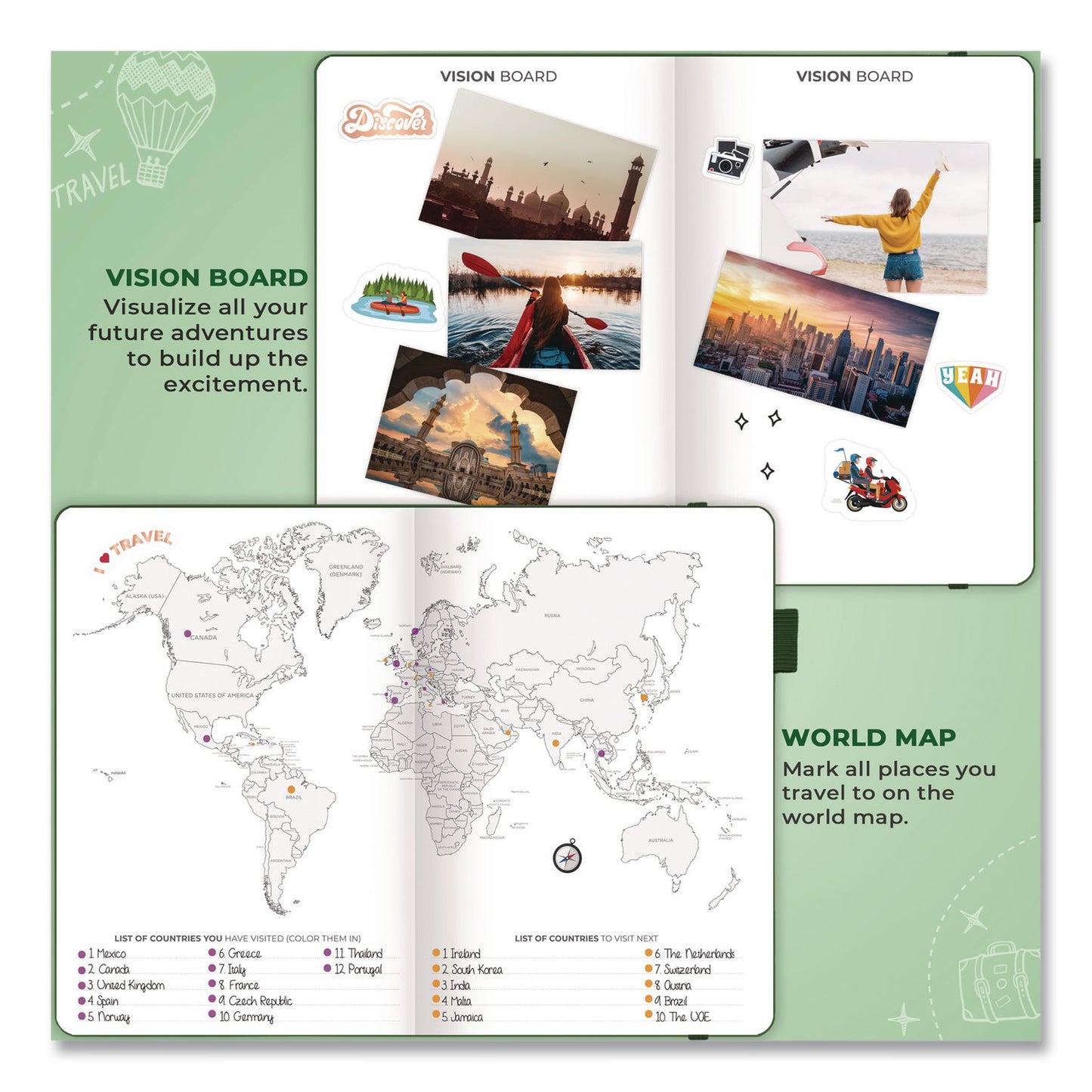 Clever Fox® Bucket List Journal, 100 Entries with Before/After Pages, Engraved Adventure Artwork, Forest Green Cover, 8.3 x 5.8 Sheets (LFXF1ZAJ2SU33)